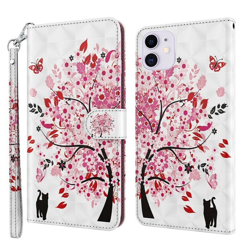 Kotelot iPhone 13 Vaaleanpunainen Puu Ja Musta Kissa