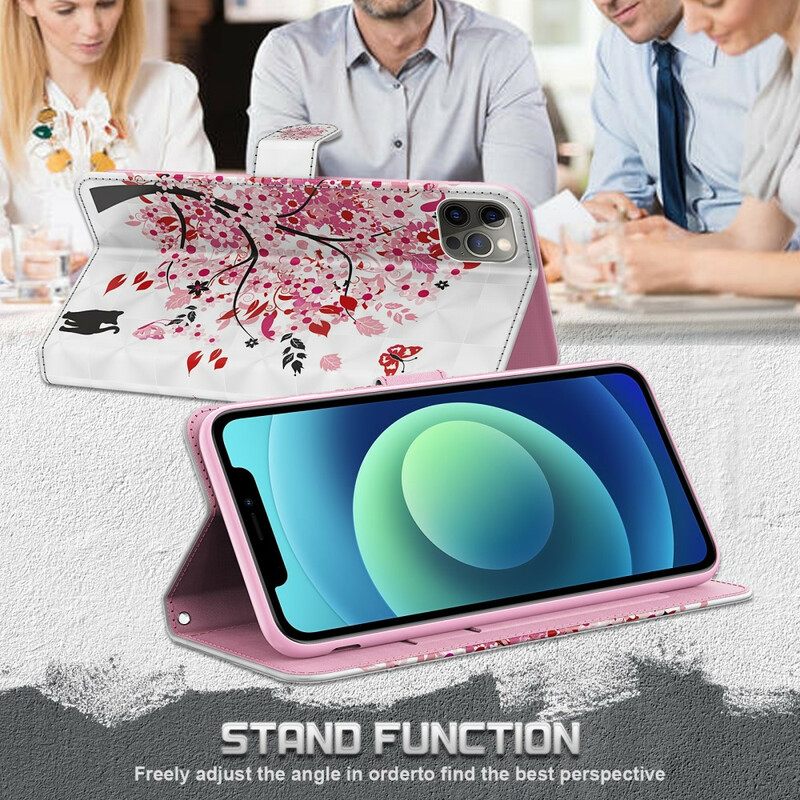 Kotelot iPhone 13 Vaaleanpunainen Puu Ja Musta Kissa
