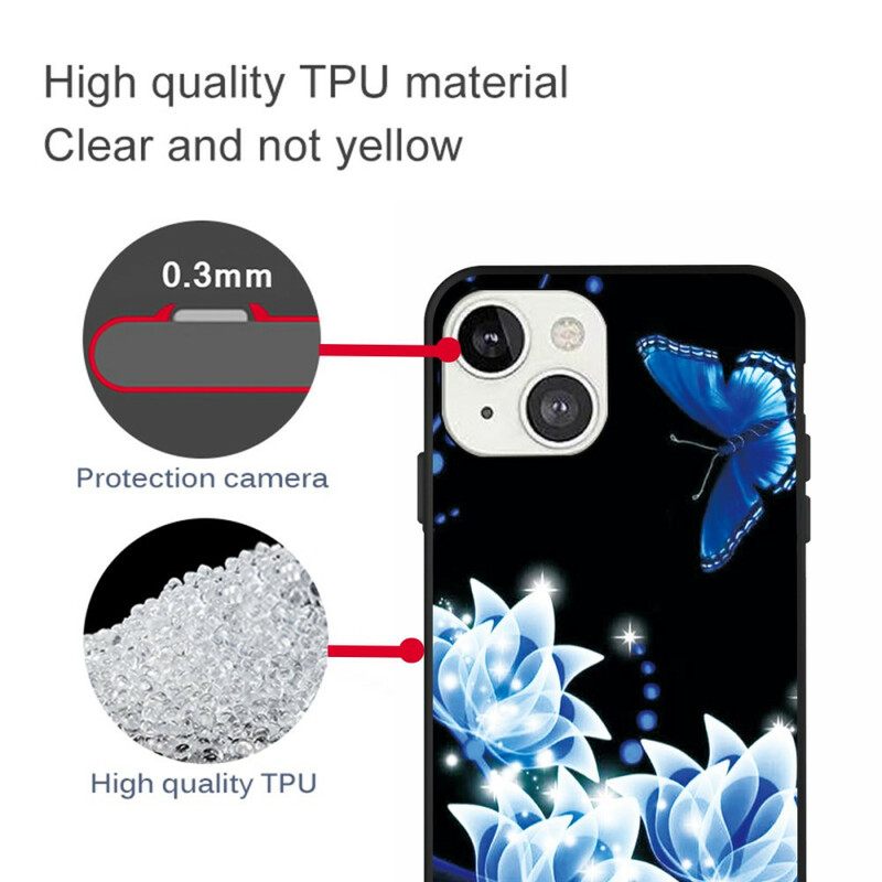 Kuori iPhone 13 Butterfly Ja Blue Flowers