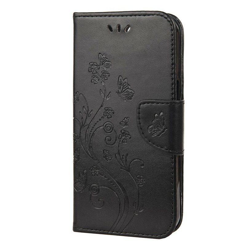 Nahkakotelo iPhone 13 Perhosia Ja Kukkia