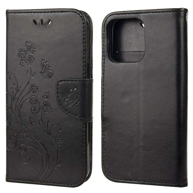 Nahkakotelo iPhone 13 Perhosia Ja Kukkia