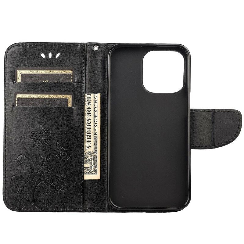 Nahkakotelo iPhone 13 Perhosia Ja Kukkia