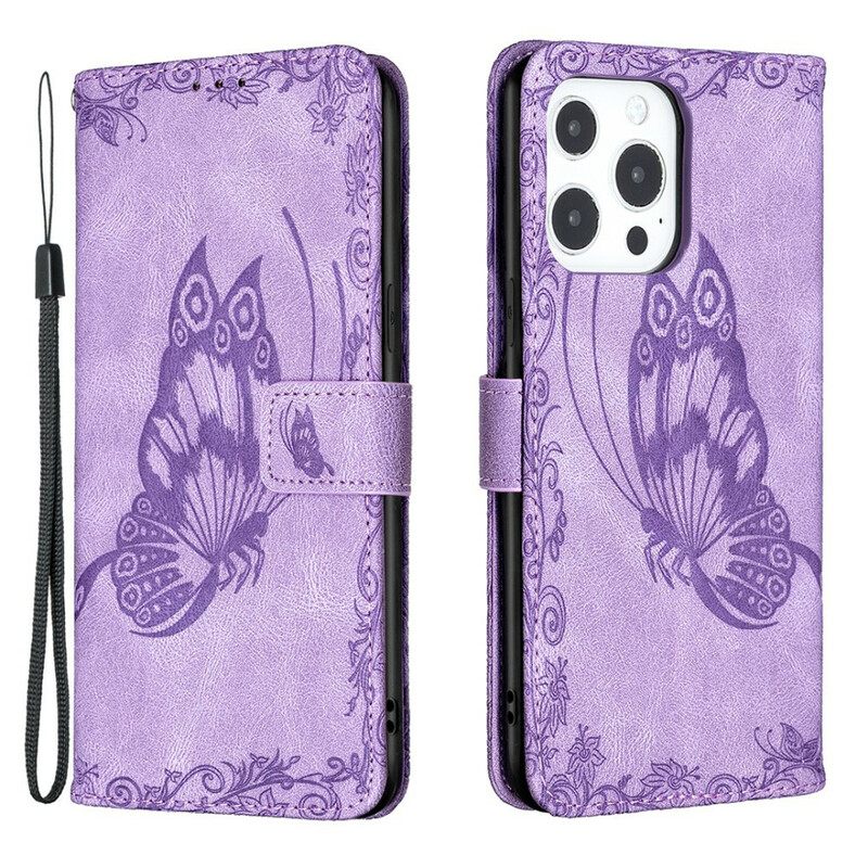 Flip Case iPhone 13 Pro Max Suojaketju Kuori Baroque Strappy Butterfly