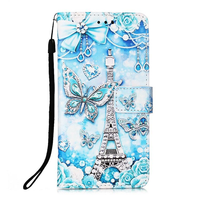Flip Case iPhone 13 Pro Max Suojaketju Kuori Eiffel-tornin Perhoset Kaulanauhalla