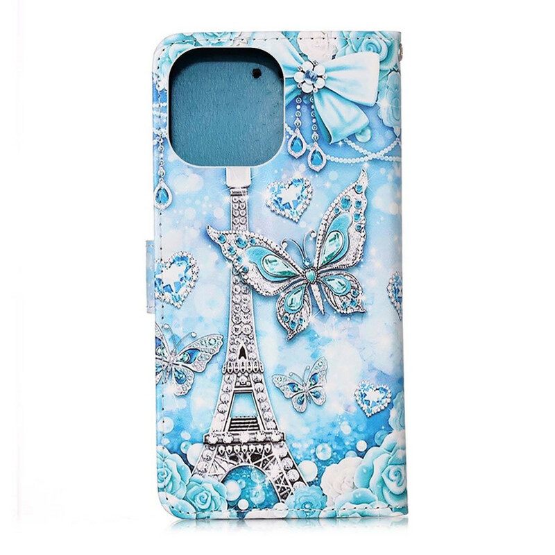 Flip Case iPhone 13 Pro Max Suojaketju Kuori Eiffel-tornin Perhoset Kaulanauhalla