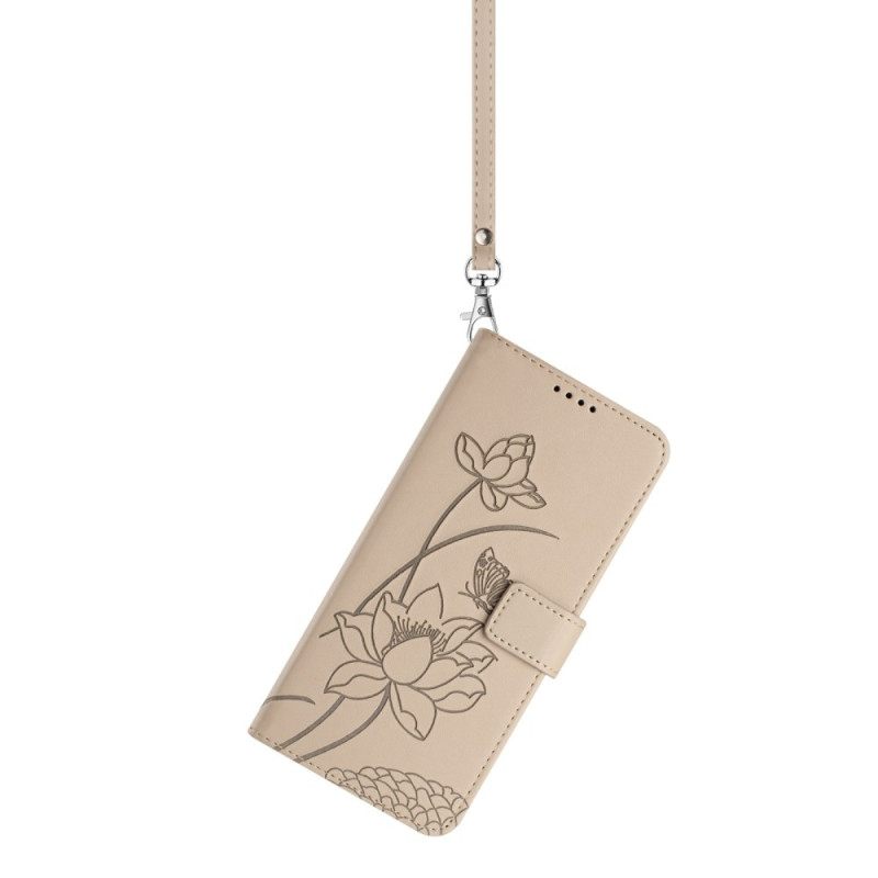 Nahkakotelo Samsung Galaxy S26 Plus Lootuskuvio Hihnalla