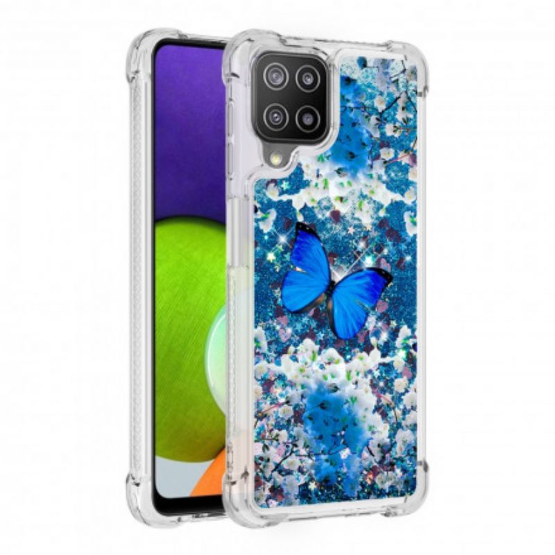 Kuori Samsung Galaxy A22 4G Glitter Blue Butterflies