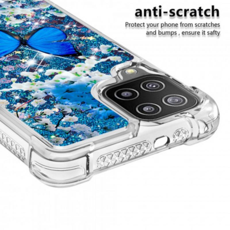 Kuori Samsung Galaxy A22 4G Glitter Blue Butterflies