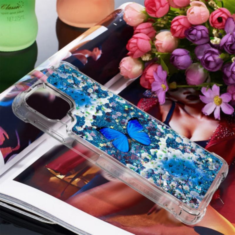 Kuori Samsung Galaxy A22 4G Glitter Blue Butterflies