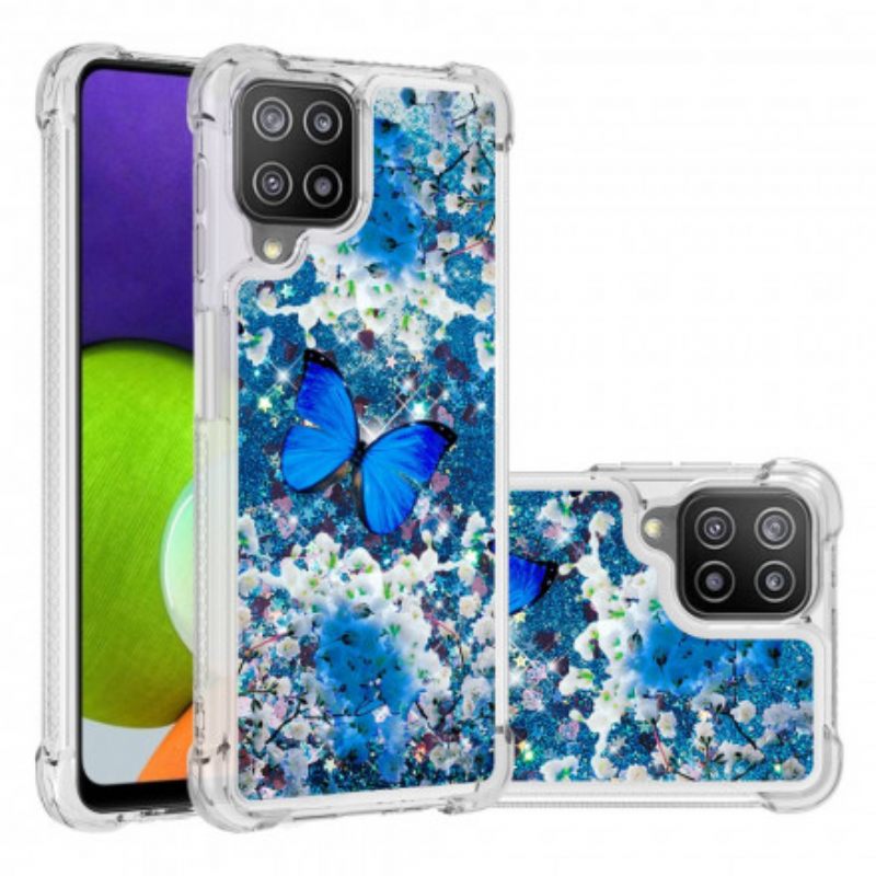 Kuori Samsung Galaxy A22 4G Glitter Blue Butterflies