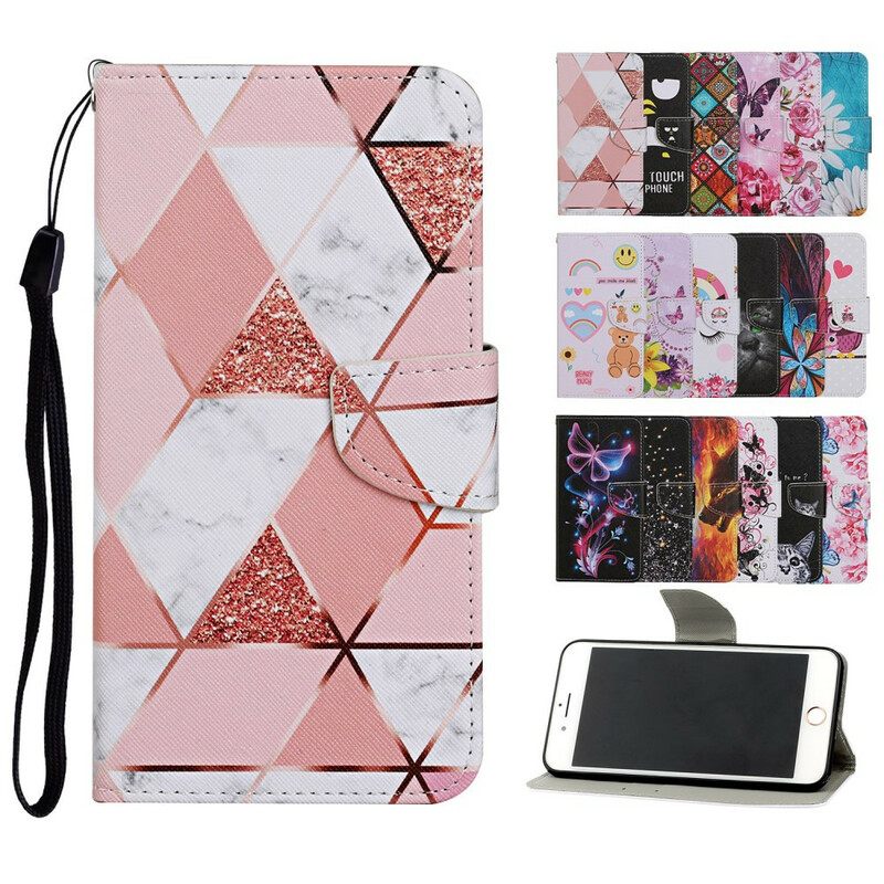 Kotelot Huawei P Smart 2021 Marble Ja Paljetteja Kaulanauhalla