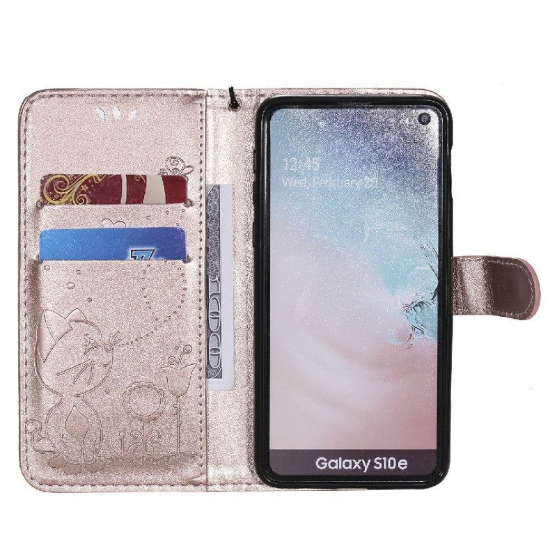 Nahkakotelo Samsung Galaxy S10e Suojaketju Kuori Kissa Ja Mehiläinen Kaulanauhassa