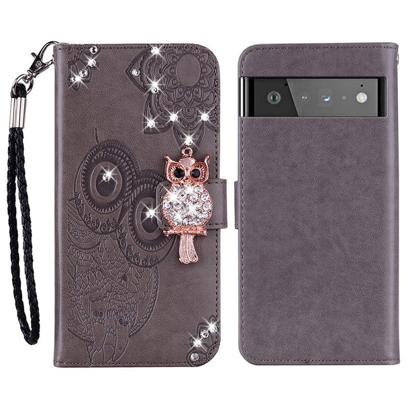 Nahkakotelo Google Pixel 6 Pro Pöllömandala Ja Charm