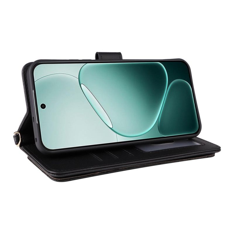 Nahkakotelo Vivo V50 Lite 5g Tikattu Olkahihnalla Ja Nauhalla