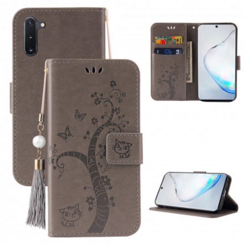 Nahkakotelo OnePlus Nord Suojaketju Kuori Puu Ja Kissa Kaulahelmillä