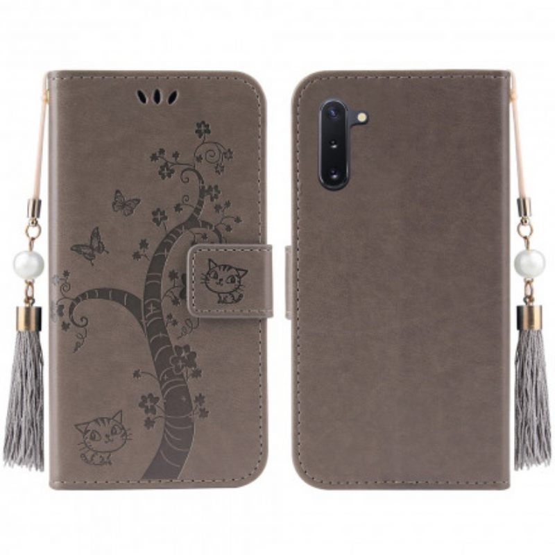 Nahkakotelo OnePlus Nord Suojaketju Kuori Puu Ja Kissa Kaulahelmillä