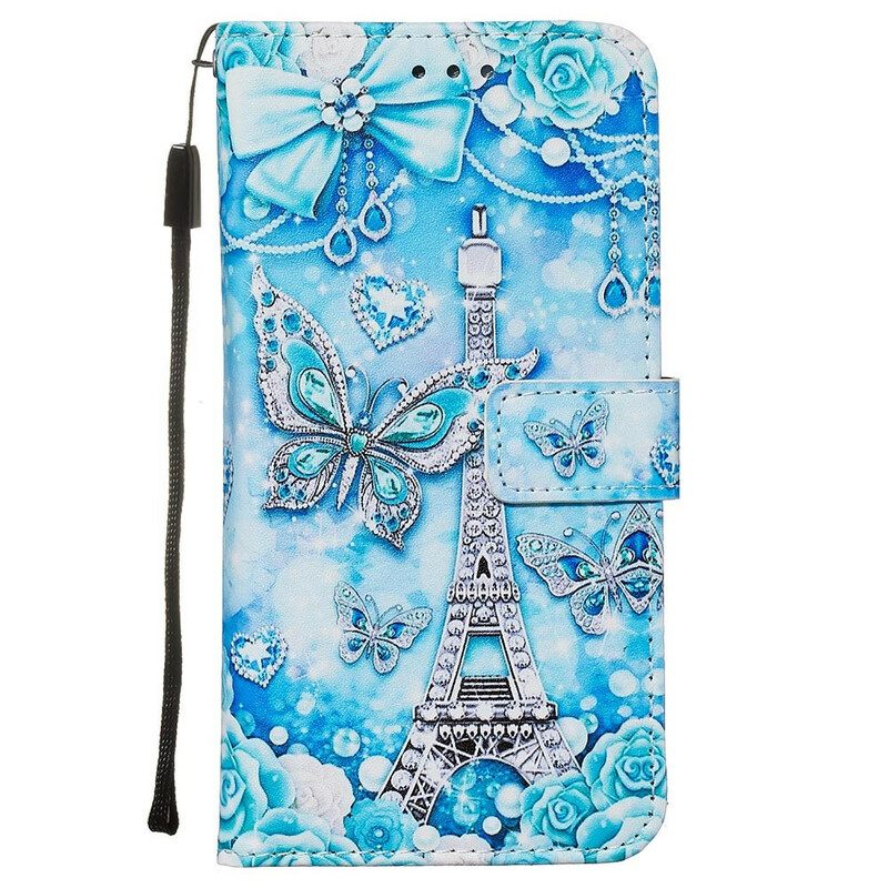 Nahkakotelo Samsung Galaxy S20 Suojaketju Kuori Eiffel-tornin Perhoset Kaulanauhalla