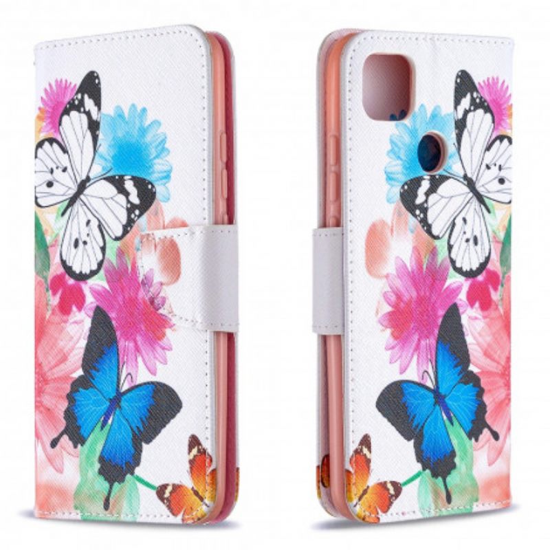 Nahkakotelo Xiaomi Redmi 9C Uskomattomia Värikkäitä Perhosia