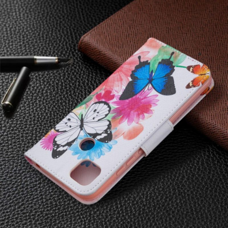 Nahkakotelo Xiaomi Redmi 9C Uskomattomia Värikkäitä Perhosia