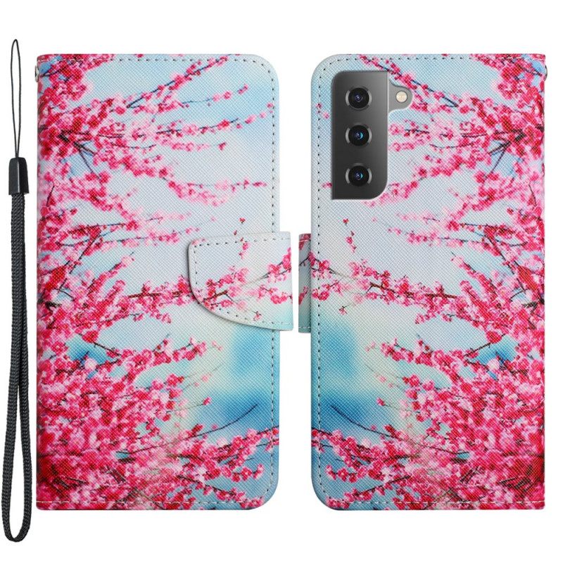 Nahkakotelo Samsung Galaxy S22 Plus 5G Suojaketju Kuori Kukkiva Oksa Hihnalla