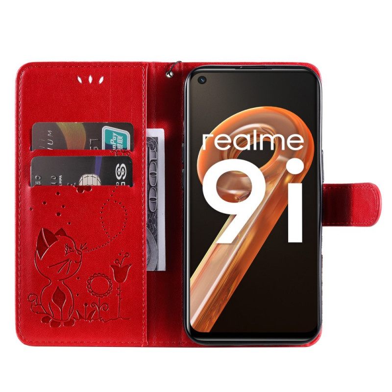 Kotelot Realme 9i Suojaketju Kuori Cat And Butterfly In Lanyard