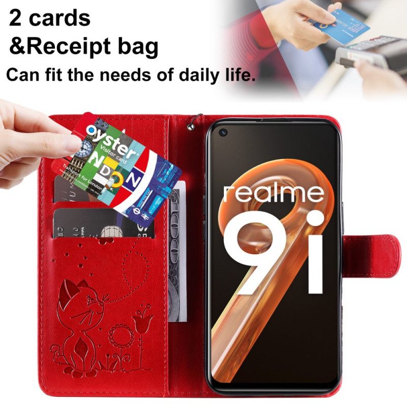 Kotelot Realme 9i Suojaketju Kuori Cat And Butterfly In Lanyard