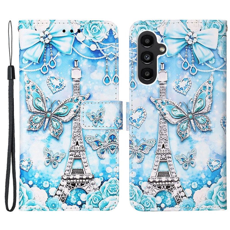 Kotelot Samsung Galaxy A15 Puhelinkuoret Eiffel-torni Ja Perhosia Hihnalla