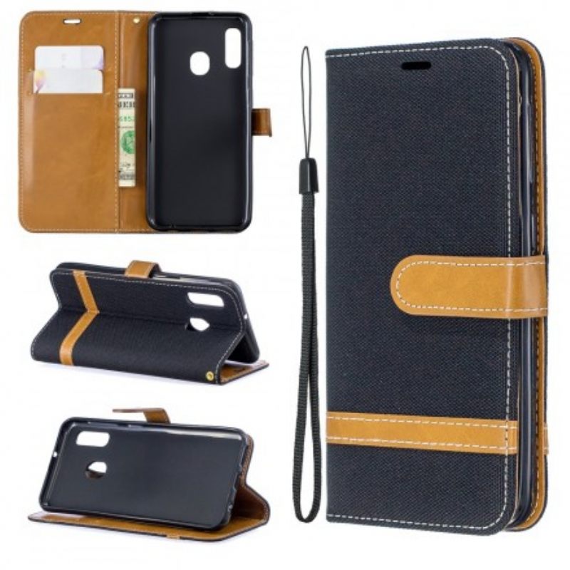 Flip Case Samsung Galaxy A20e Suojaketju Kuori Kangas- Ja Nahkaefektihihna