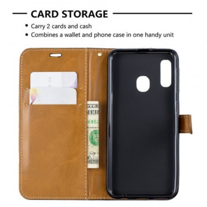 Flip Case Samsung Galaxy A20e Suojaketju Kuori Kangas- Ja Nahkaefektihihna