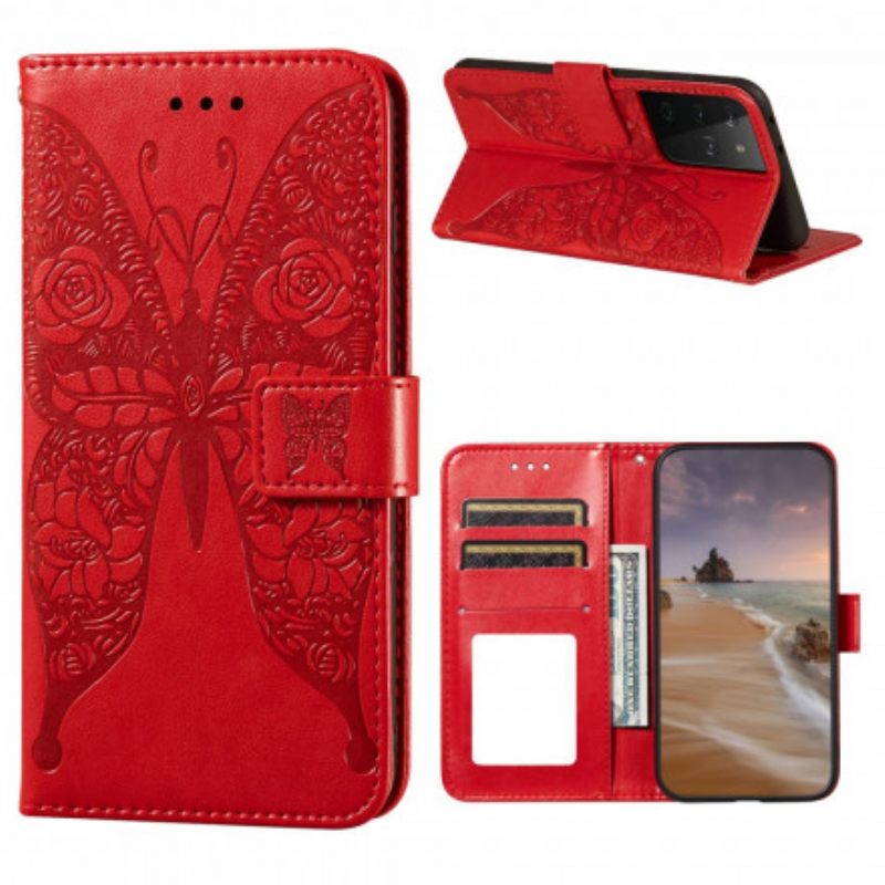 Nahkakotelo Samsung Galaxy S21 Ultra 5G Butterflies Kuvio Kukissa