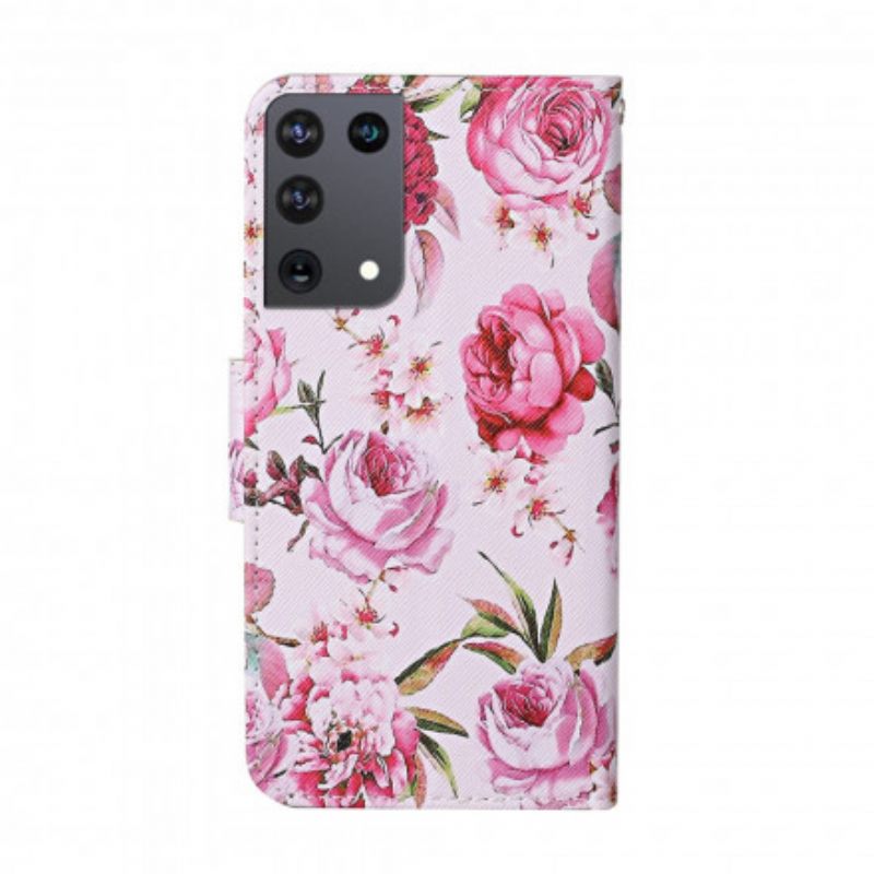 Nahkakotelo Samsung Galaxy S21 Ultra 5G Masterful Flowers Hihnalla