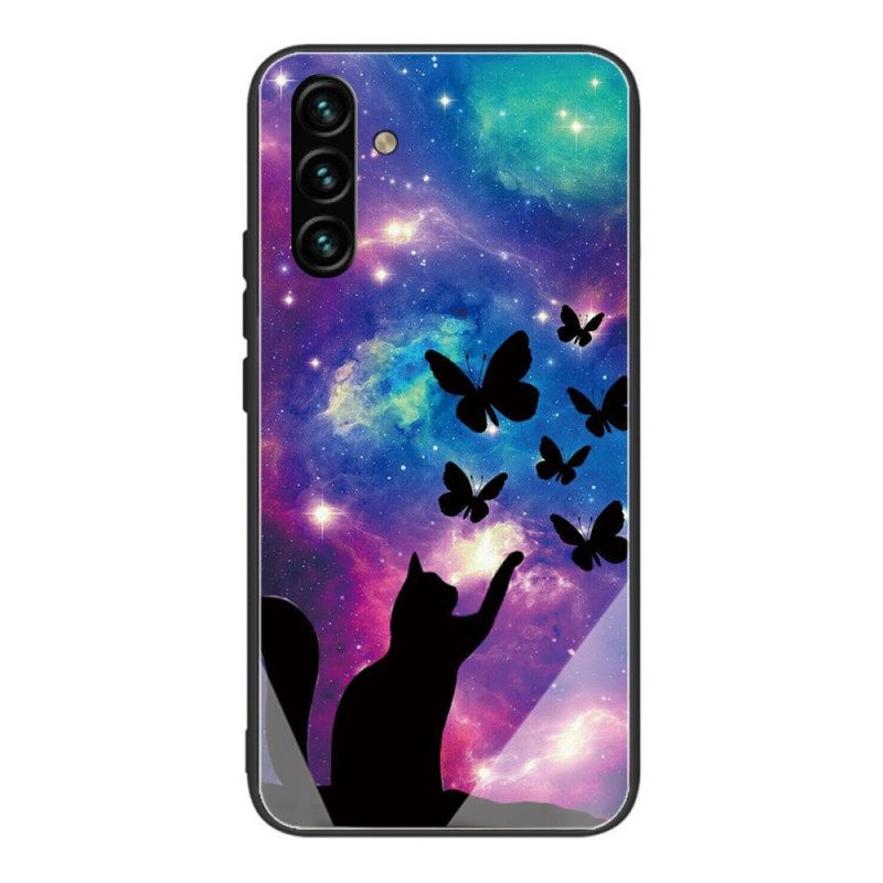 Case Samsung Galaxy A13 5G Karkaistu Lasikissa Ja Perhosia Avaruudessa