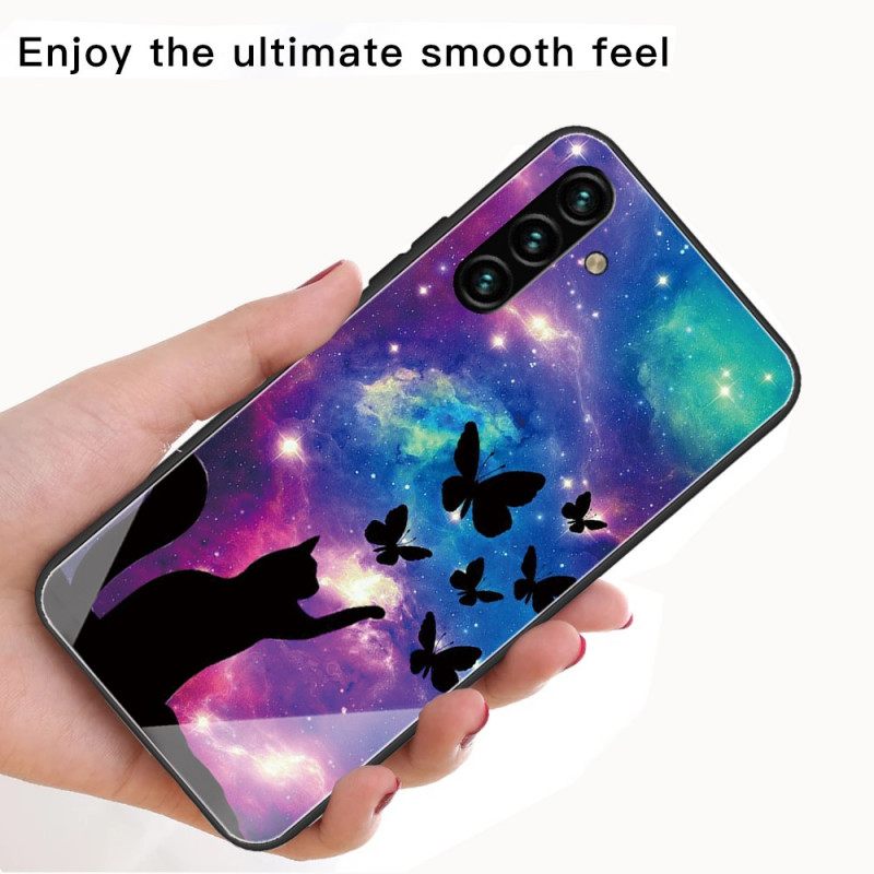 Case Samsung Galaxy A13 5G Karkaistu Lasikissa Ja Perhosia Avaruudessa