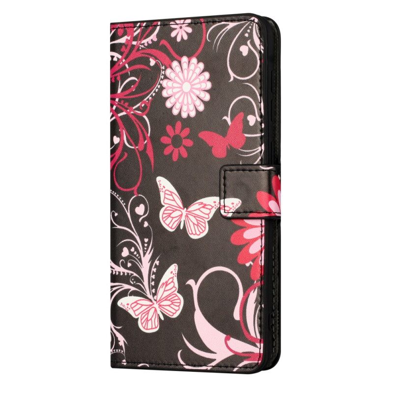 Nahkakotelo Xiaomi Redmi Note 15 Pro 5g Perhosia Mustalla Taustalla