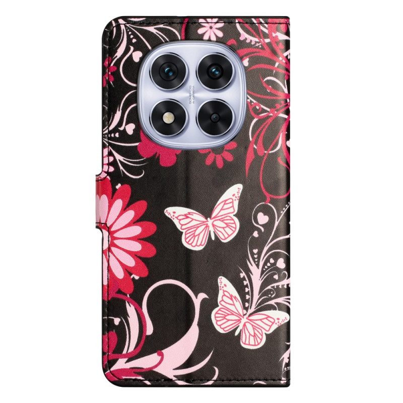 Nahkakotelo Xiaomi Redmi Note 15 Pro 5g Perhosia Mustalla Taustalla