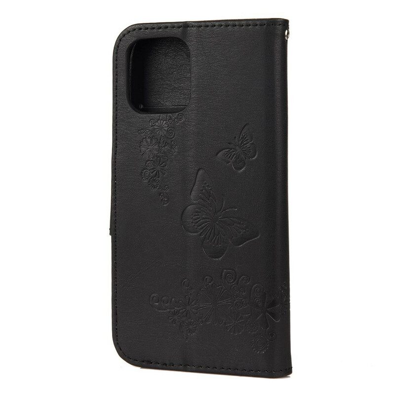 Nahkakotelo iPhone 12 Mini Suojaketju Kuori Splendid Butterflies Hihnalla