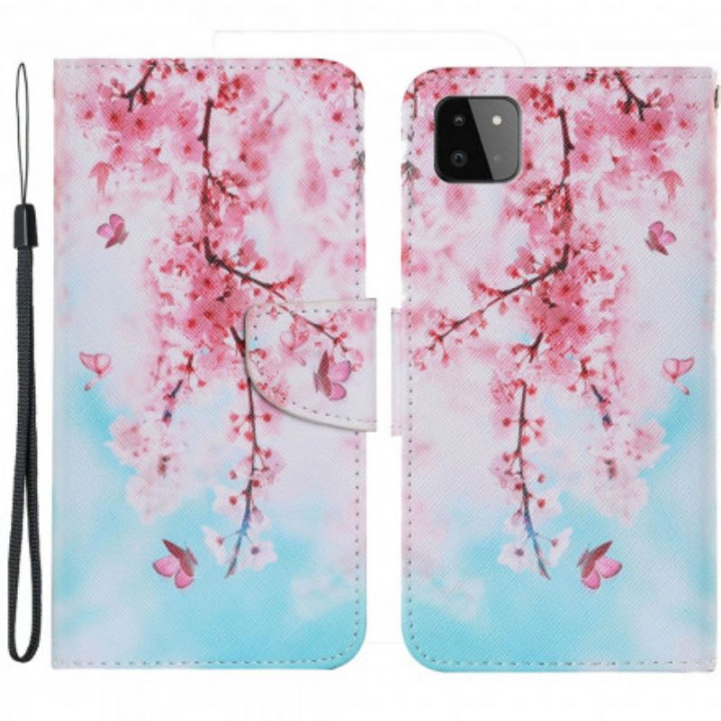 Kotelot Samsung Galaxy A22 5G Suojaketju Kuori Red Branches Hihnalla