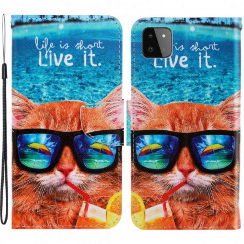 Nahkakotelo Samsung Galaxy A22 5G Suojaketju Kuori Cat Live It Lanyardissa