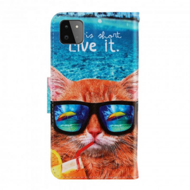 Nahkakotelo Samsung Galaxy A22 5G Suojaketju Kuori Cat Live It Lanyardissa