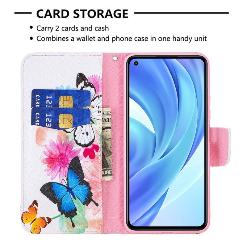 Flip Case Xiaomi Mi 11 Lite 5G NE / Mi 11 Lite 4G / 5G Maalatut Perhoset Ja Kukat