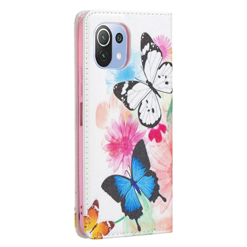 Nahkakotelo Xiaomi Mi 11 Lite 5G NE / Mi 11 Lite 4G / 5G Maalatut Perhoset Ja Kukat