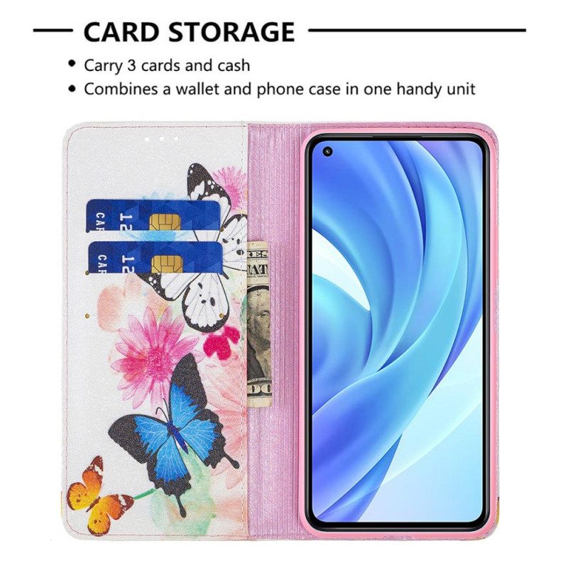 Nahkakotelo Xiaomi Mi 11 Lite 5G NE / Mi 11 Lite 4G / 5G Maalatut Perhoset Ja Kukat