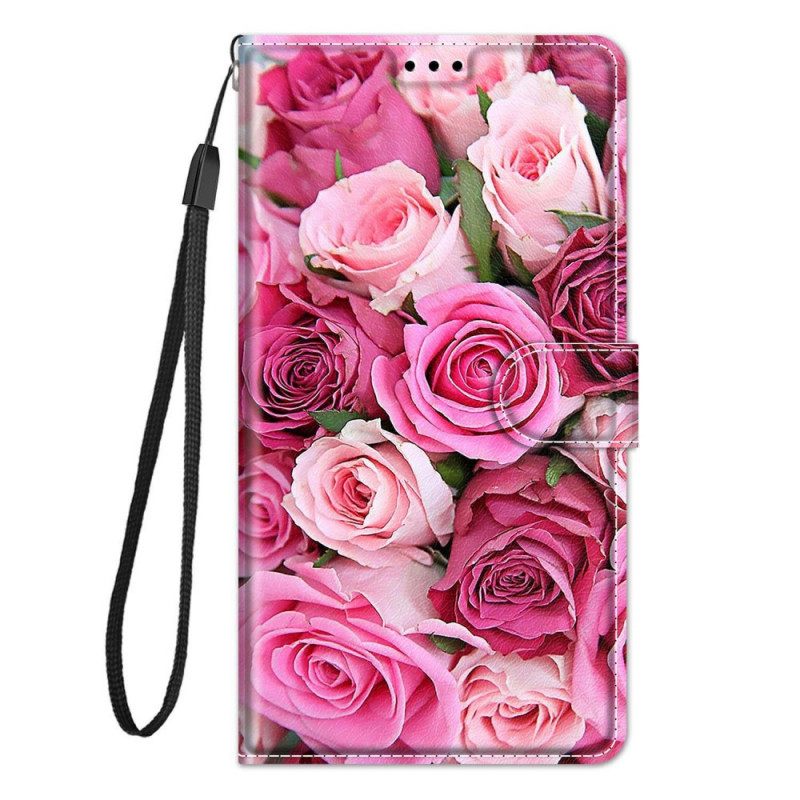 Nahkakotelo Samsung Galaxy M53 5G Roses Kaulanauhalla