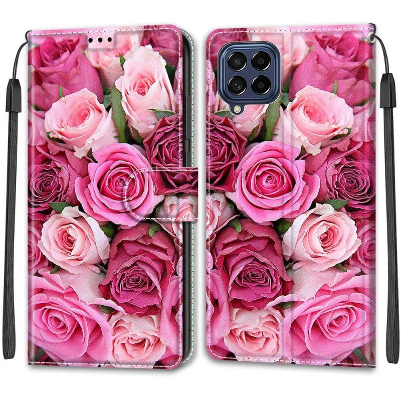 Nahkakotelo Samsung Galaxy M53 5G Roses Kaulanauhalla