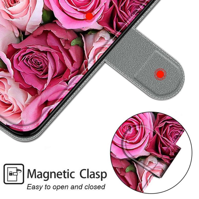 Nahkakotelo Samsung Galaxy M53 5G Roses Kaulanauhalla