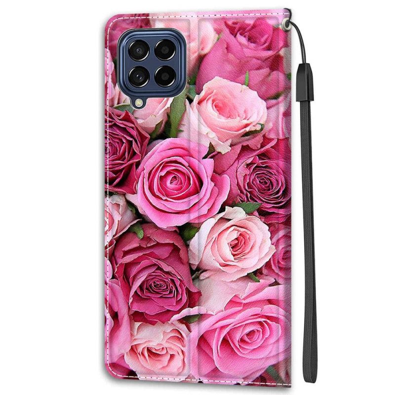 Nahkakotelo Samsung Galaxy M53 5G Roses Kaulanauhalla