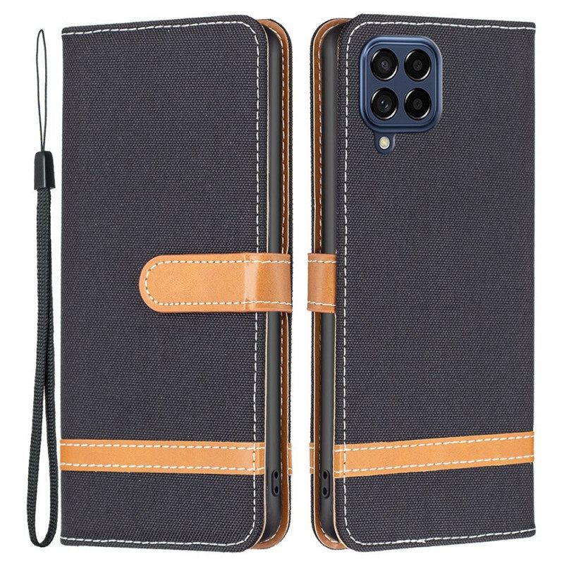 Nahkakotelo Samsung Galaxy M53 5G Suojaketju Kuori Kangas- Ja Nahkaefektihihna
