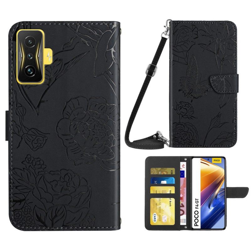 Nahkakotelo Poco F4 GT Faux Leather Perhoset Olkahihnalla