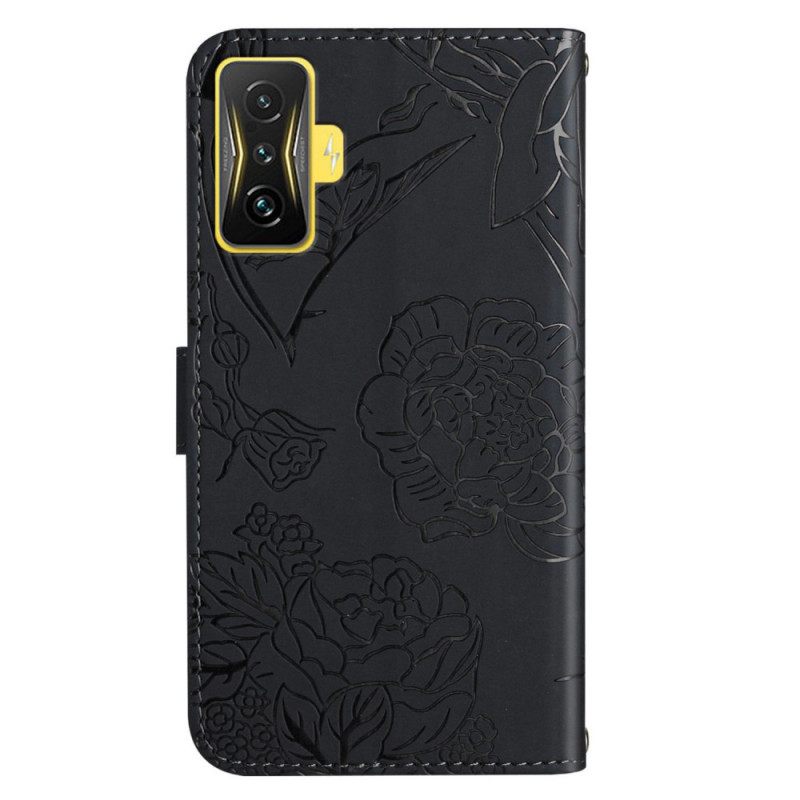 Nahkakotelo Poco F4 GT Faux Leather Perhoset Olkahihnalla
