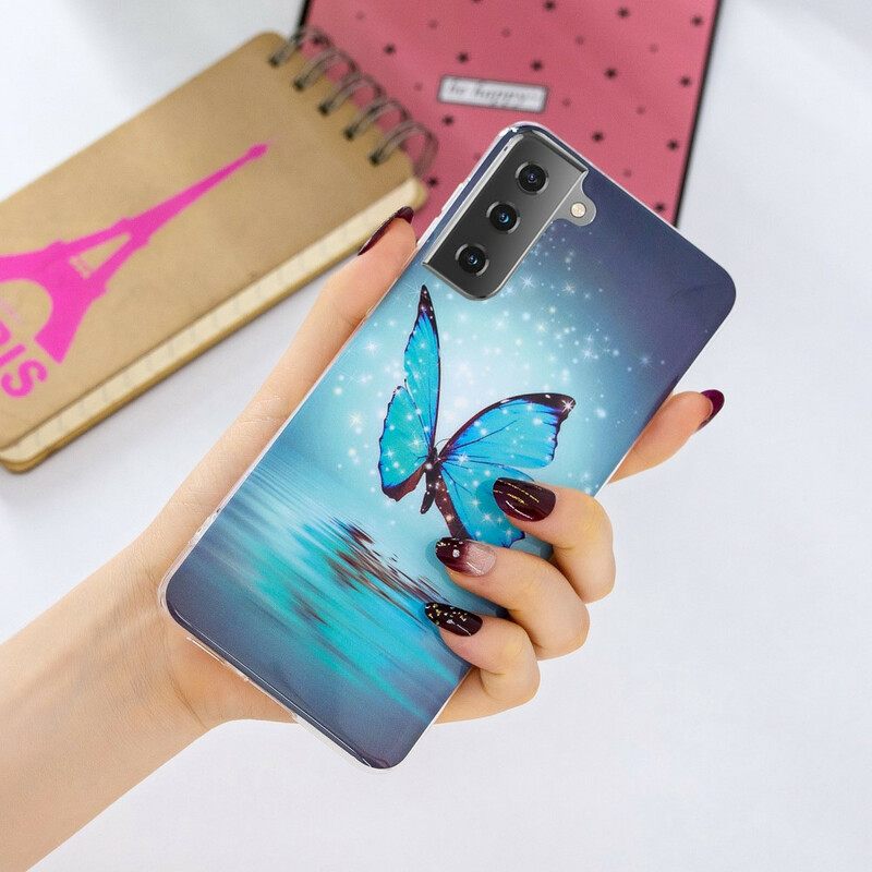 Case Samsung Galaxy S21 5G Fluoresoiva Sininen Perhonen
